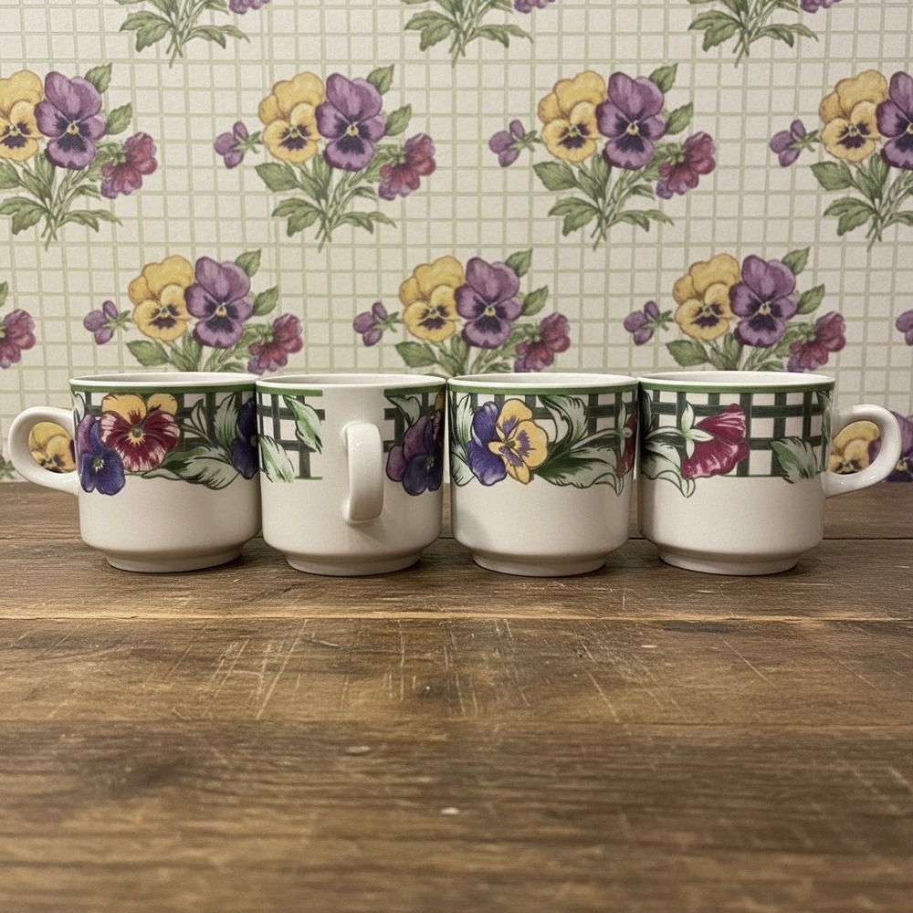 Gibson‎ Pansy Coffee Cups, Set of 4, Vintage Floral Mugs, Cottagecore Tableware